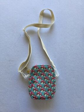Teal Mushroom-Print Crossbody Bag with Cream Strap